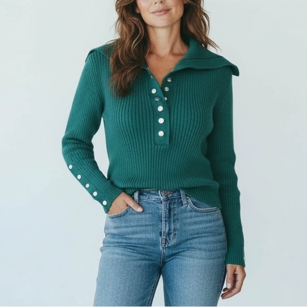 Zara Womens Dark Green Cropped Ribbed Collared Sweater Large